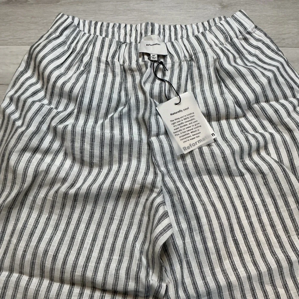 Reformation Linen Striped Pants White Navy MP New With Tags‎